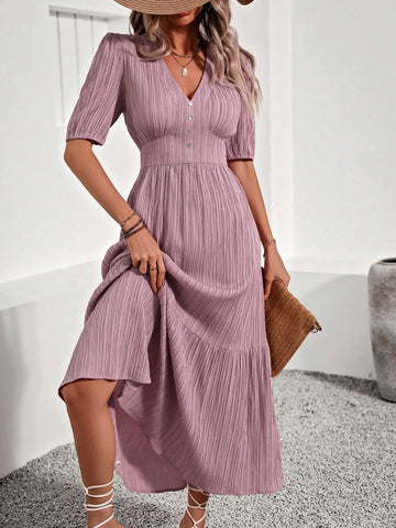 Solid Color Textured Empire Waist Dress With Ruffle Hem