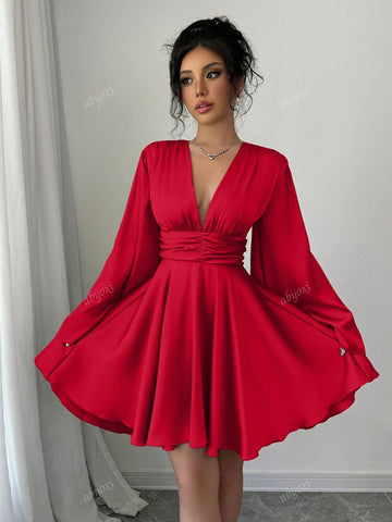 Solid Color V-Neck Long Bell Sleeves Waist Ruched Ruffles Hem Satin Party Dress,2024 Autumn And Winter New Women's Clothing