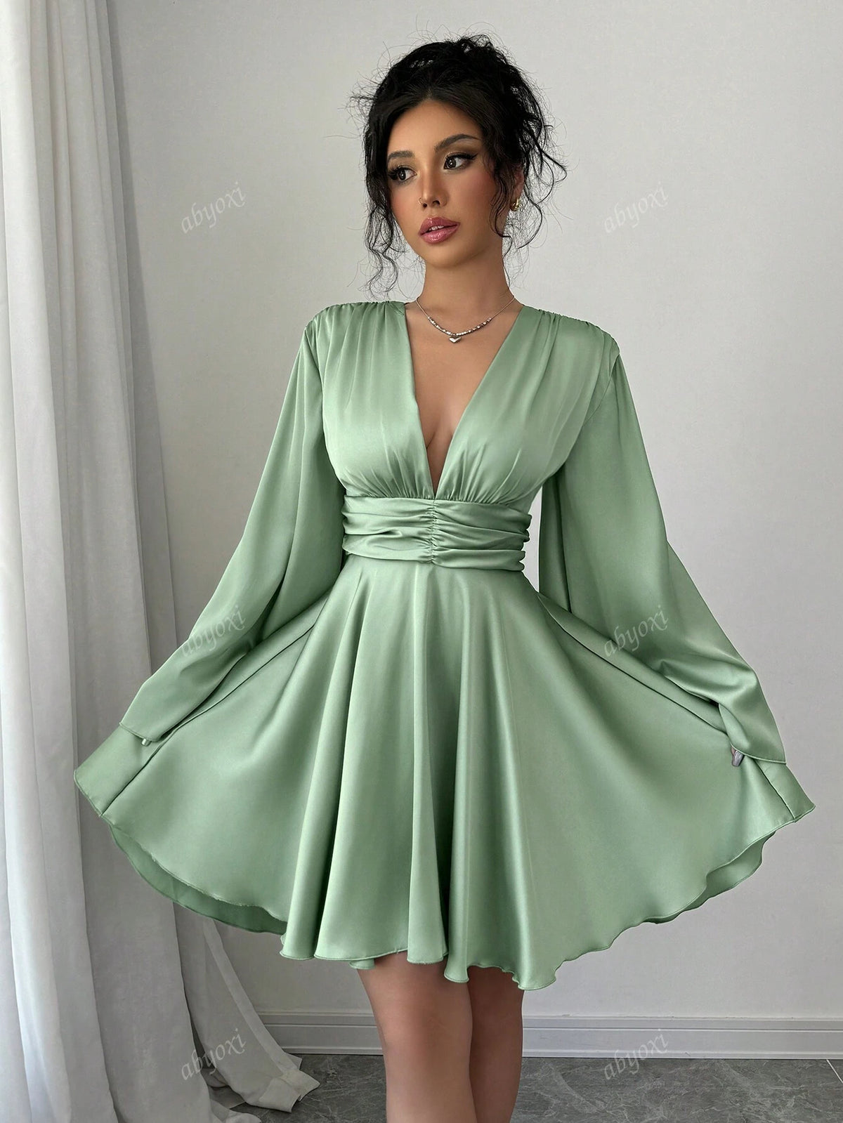 Solid Color V-Neck Long Bell Sleeves Waist Ruched Ruffles Hem Satin Party Dress,2024 Autumn And Winter New Women's Clothing