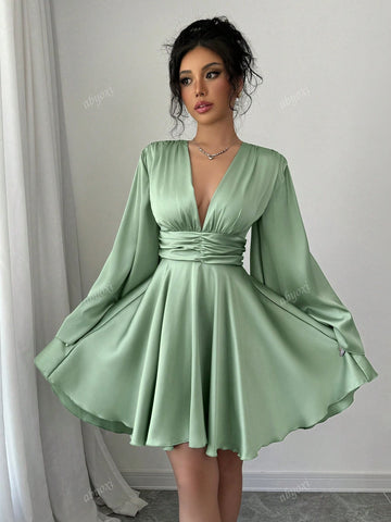 Solid Color V-Neck Long Bell Sleeves Waist Ruched Ruffles Hem Satin Party Dress,2024 Autumn And Winter New Women's Clothing