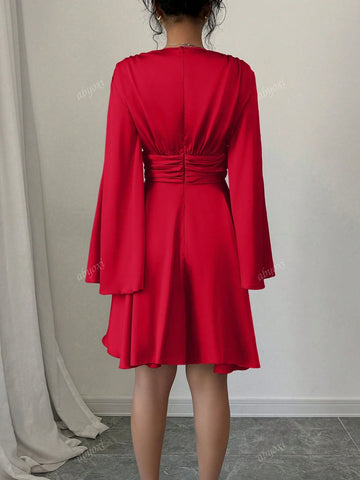 Solid Color V-Neck Long Bell Sleeves Waist Ruched Ruffles Hem Satin Party Dress,2024 Autumn And Winter New Women's Clothing