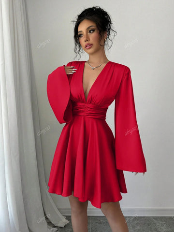 Solid Color V-Neck Long Bell Sleeves Waist Ruched Ruffles Hem Satin Party Dress,2024 Autumn And Winter New Women's Clothing