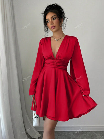 Solid Color V-Neck Long Bell Sleeves Waist Ruched Ruffles Hem Satin Party Dress,2024 Autumn And Winter New Women's Clothing