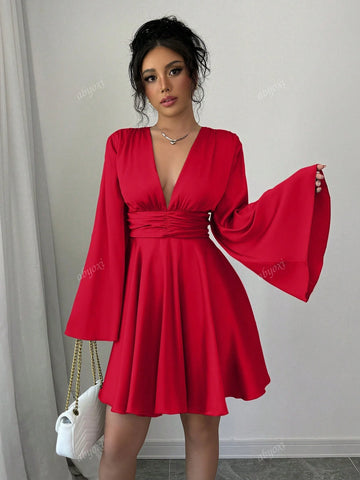 Solid Color V-Neck Long Bell Sleeves Waist Ruched Ruffles Hem Satin Party Dress,2024 Autumn And Winter New Women's Clothing