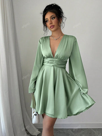 Solid Color V-Neck Long Bell Sleeves Waist Ruched Ruffles Hem Satin Party Dress,2024 Autumn And Winter New Women's Clothing