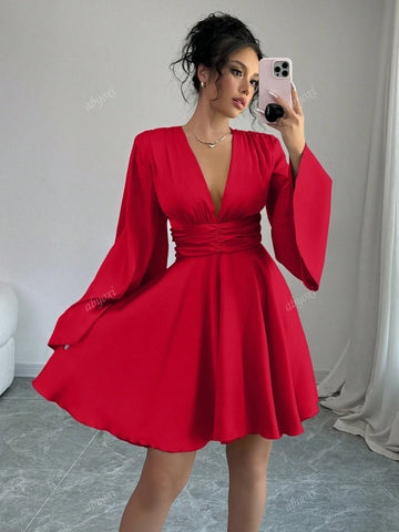 Solid Color V-Neck Long Bell Sleeves Waist Ruched Ruffles Hem Satin Party Dress,2024 Autumn And Winter New Women's Clothing