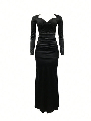 Solid Color V-Neck Long Sleeve Backless Dress