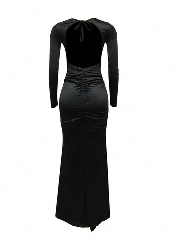 Solid Color V-Neck Long Sleeve Backless Dress