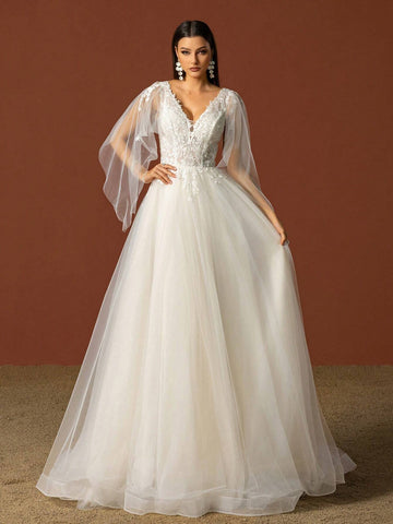 Solid Color V-Neck Mesh Splice Wedding Dress