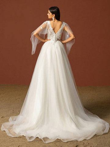 Solid Color V-Neck Mesh Splice Wedding Dress
