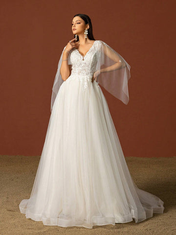 Solid Color V-Neck Mesh Splice Wedding Dress