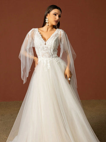 Solid Color V-Neck Mesh Splice Wedding Dress
