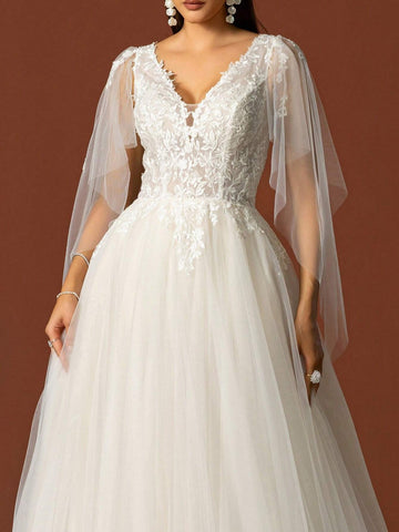 Solid Color V-Neck Mesh Splice Wedding Dress