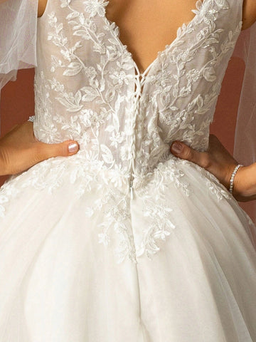 Solid Color V-Neck Mesh Splice Wedding Dress