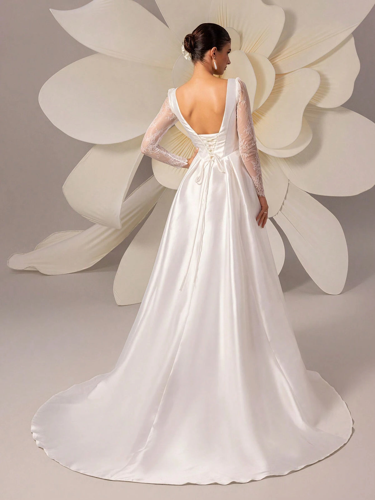 Solid Color V-Neck Satin And Lace Bridal Gown With Elegant Long Trail