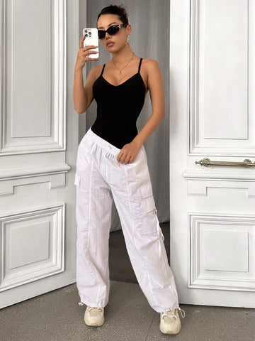 Solid Color V-Neck & Open Back Sleeveless Bodysuit