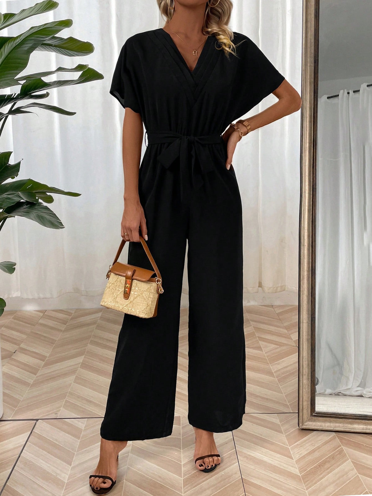 Solid Color Women'S Batwing Sleeve Jumpsuit