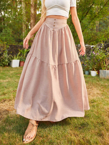 Solid Color Woven Button Front Skirt