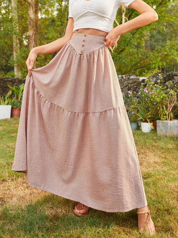 Solid Color Woven Button Front Skirt