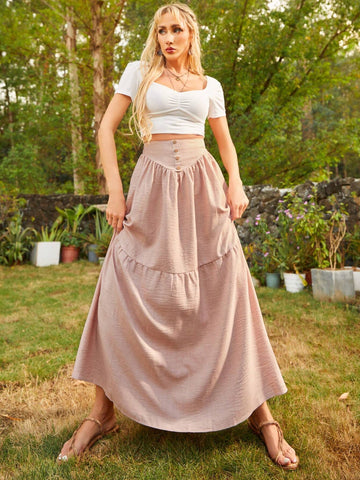 Solid Color Woven Button Front Skirt