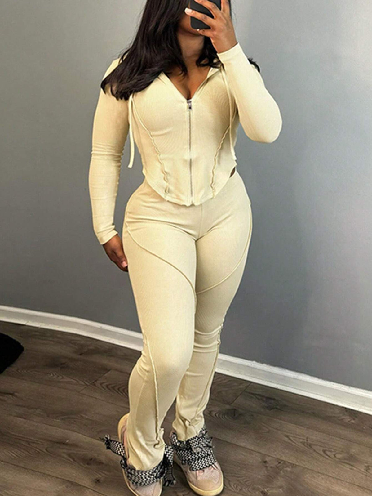 Solid Color Zipper Front Drawstring Hooded Top And Pants