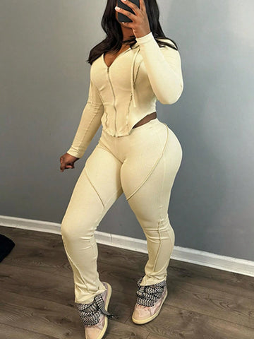 Solid Color Zipper Front Drawstring Hooded Top And Pants