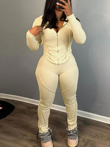 Solid Color Zipper Front Drawstring Hooded Top And Pants