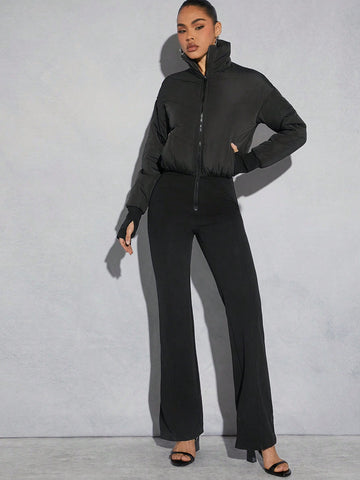 Solid Color Zipper Front Stand Collar Straight Leg Jumpsuit
