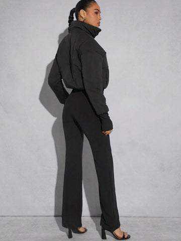 Solid Color Zipper Front Stand Collar Straight Leg Jumpsuit