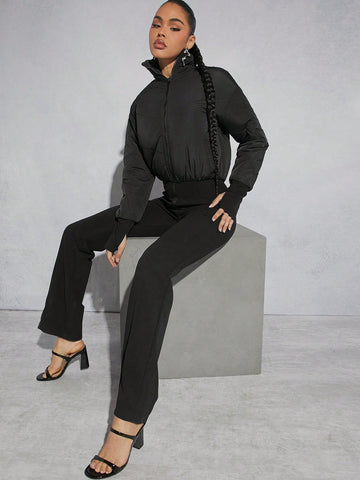 Solid Color Zipper Front Stand Collar Straight Leg Jumpsuit