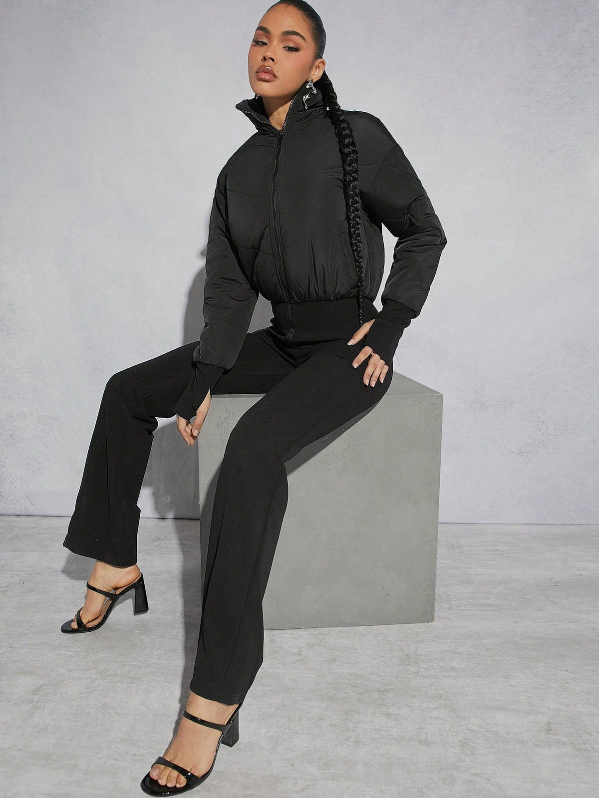 Solid Color Zipper Front Stand Collar Straight Leg Jumpsuit