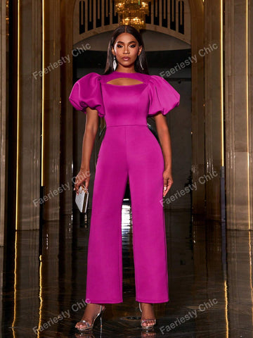 Solid Cut Out Front Puff Sleeves Party Jumpsuit