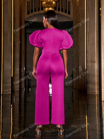 Solid Cut Out Front Puff Sleeves Party Jumpsuit