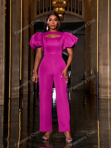 Solid Cut Out Front Puff Sleeves Party Jumpsuit