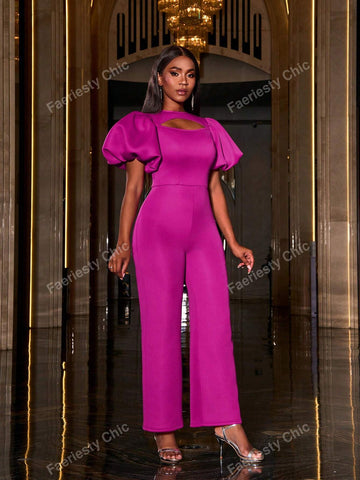 Solid Cut Out Front Puff Sleeves Party Jumpsuit