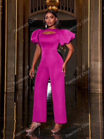 Solid Cut Out Front Puff Sleeves Party Jumpsuit