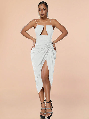 Solid Cut Out Front Ruched Split Thigh Cami Dress