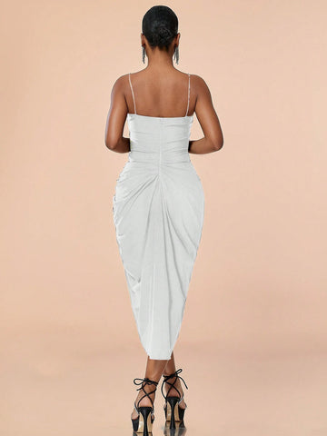 Solid Cut Out Front Ruched Split Thigh Cami Dress