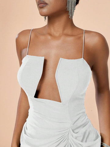 Solid Cut Out Front Ruched Split Thigh Cami Dress