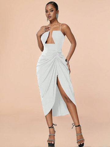 Solid Cut Out Front Ruched Split Thigh Cami Dress