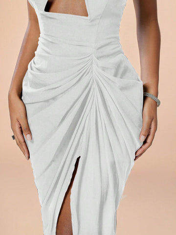 Solid Cut Out Front Ruched Split Thigh Cami Dress