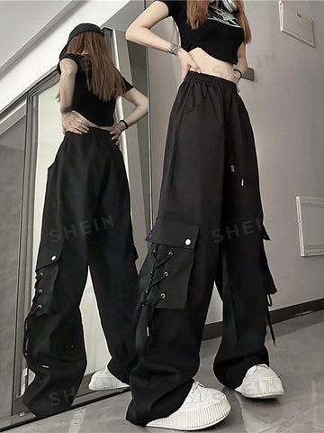 Solid Drawstring Waist Cargo Pants