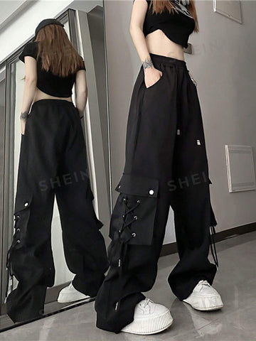 Solid Drawstring Waist Cargo Pants