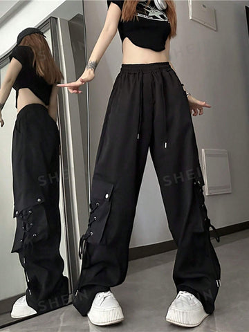 Solid Drawstring Waist Cargo Pants
