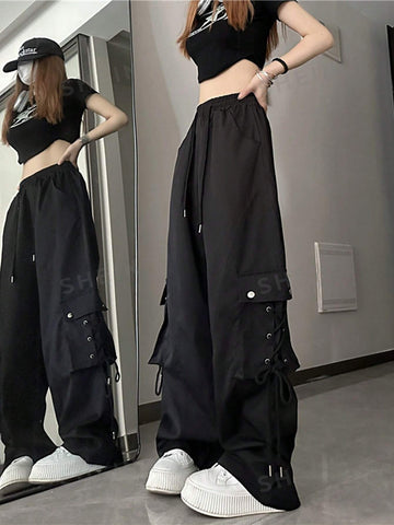 Solid Drawstring Waist Cargo Pants