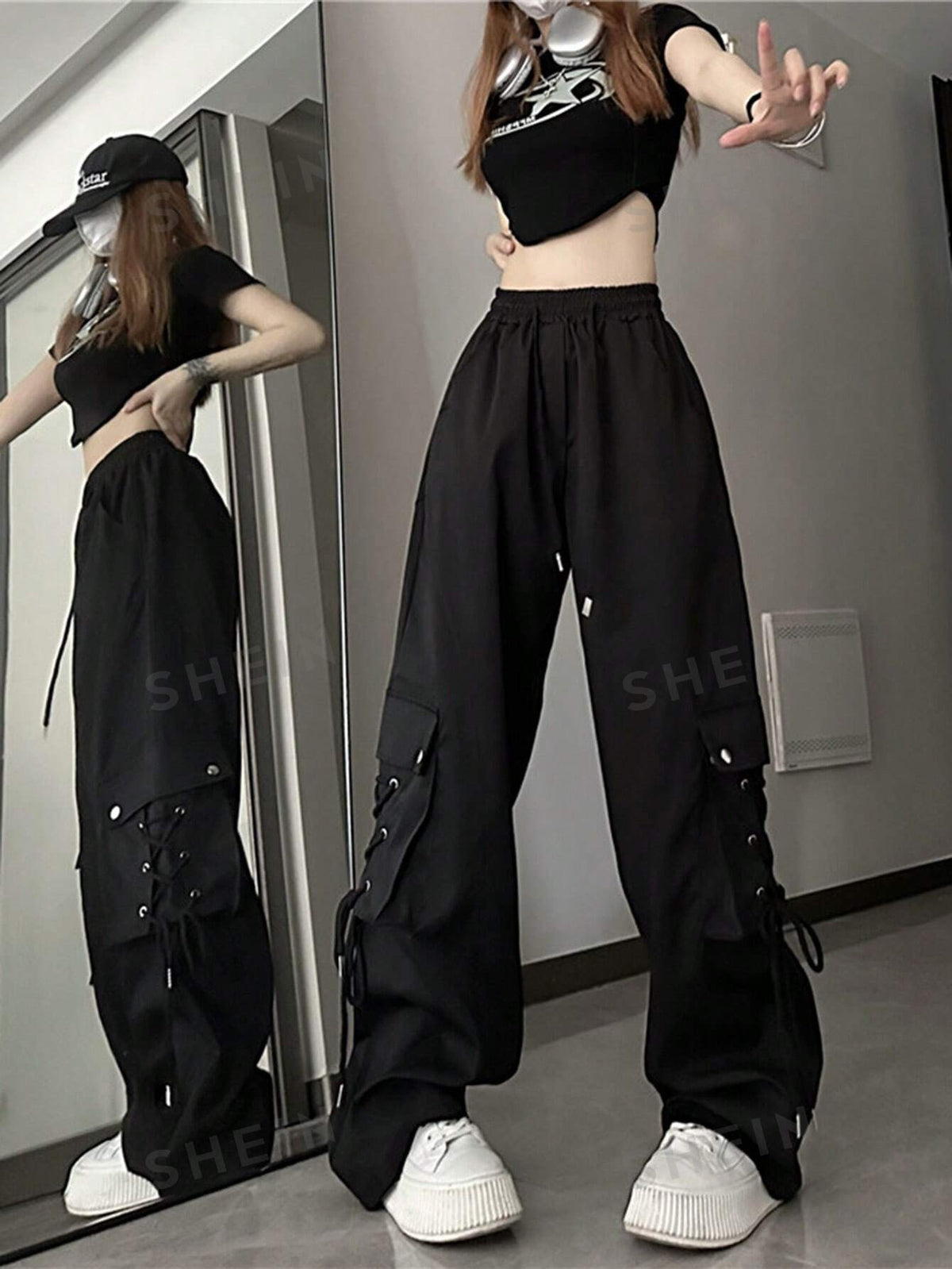 Solid Drawstring Waist Cargo Pants