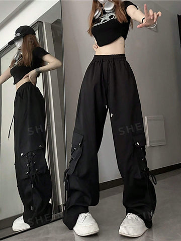 Solid Drawstring Waist Cargo Pants