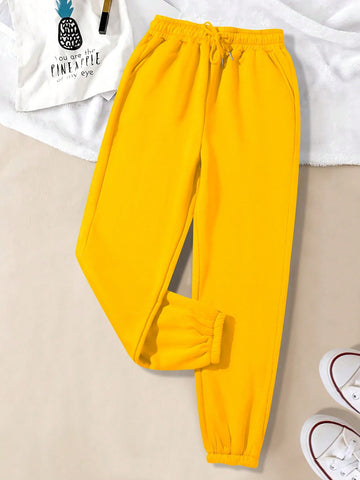 Solid Drawstring Waist Slant Pocket Sweatpants