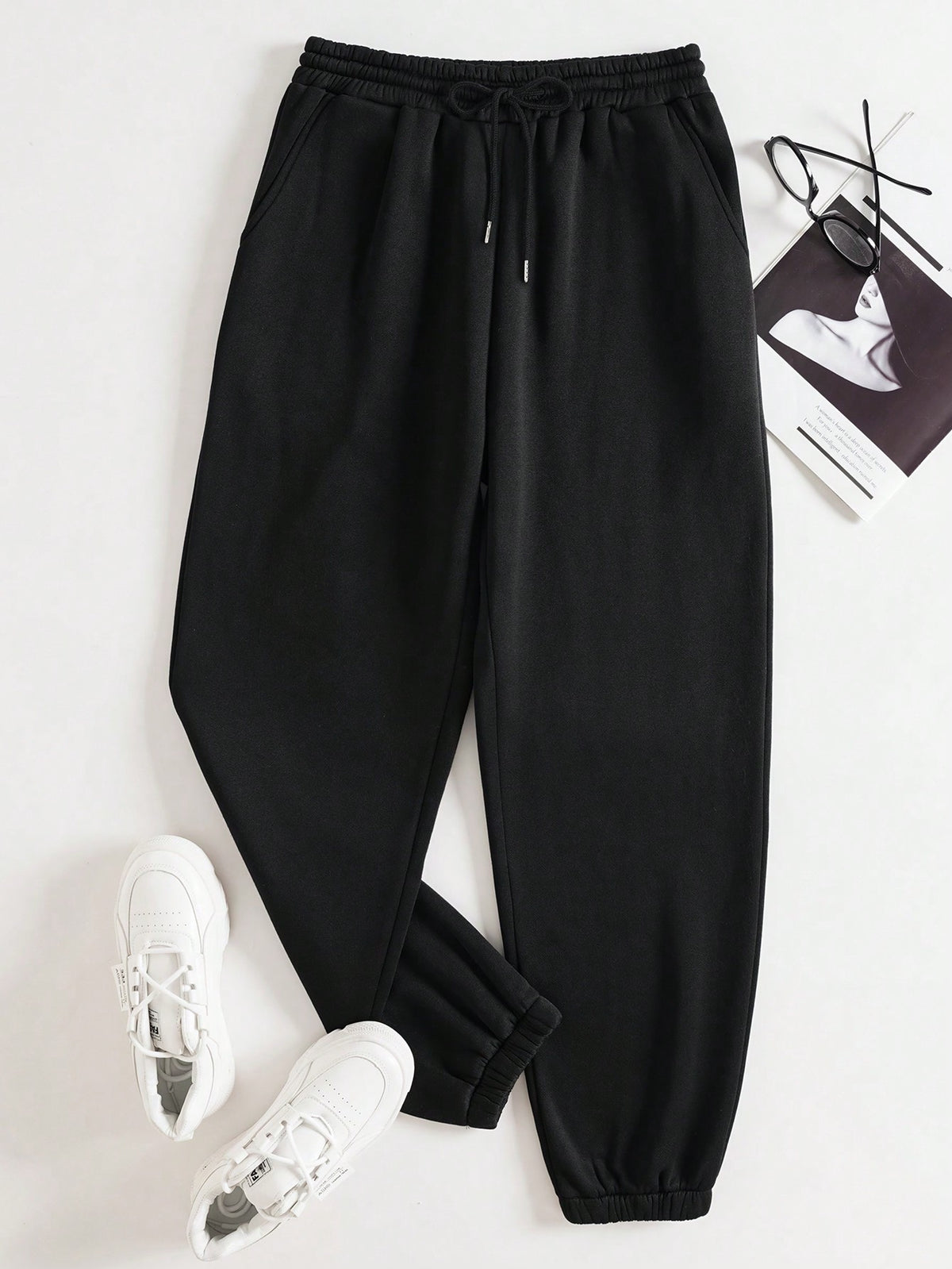 Solid Drawstring Waist Thermal Lined Sweatpants