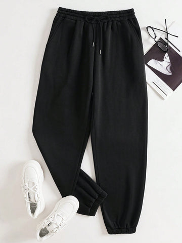 Solid Drawstring Waist Thermal Lined Sweatpants